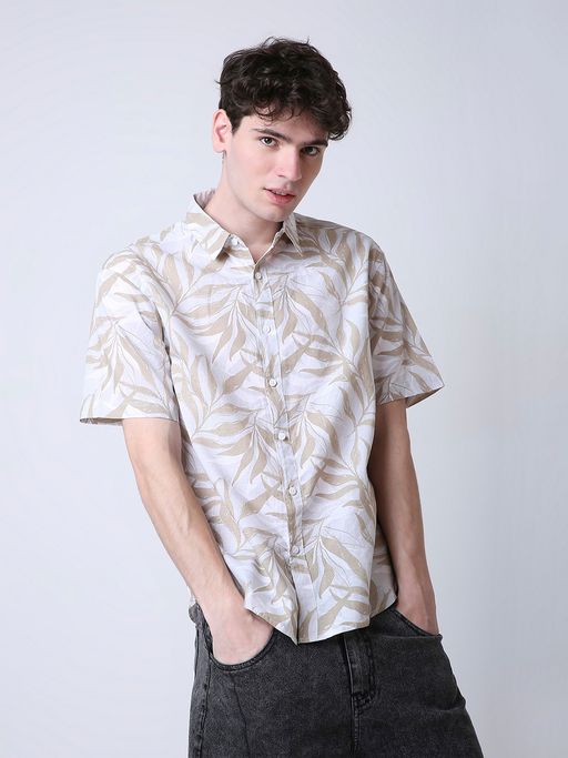BLNK Grey Men Linen Blend Printed Short Sleeve Casual Shirt