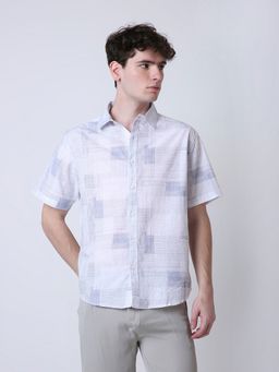 BLNK - Blue Abstract Printed Linen Blend Short Sleeve Casual Blue Shirt