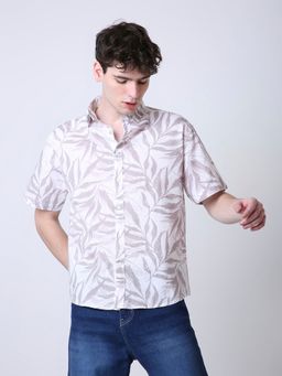 BLNK - Grey Men Leaf Printed Linen Blend Short Sleeve Casual Shirt