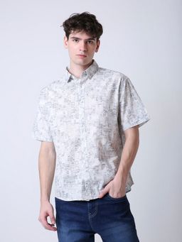 BLNK - Olive Abstract Printed Linen Blend Short Sleeve Casual Olive Shirt