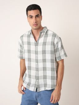 BLNK - Green Men Linen Blend Check Casual Green Shirt