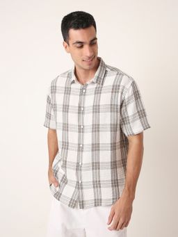 BLNK - Brown Men Linen Blend Check Casual Brown Shirt