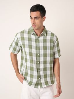 BLNK - Green Men Checkered Short Sleeve Casual Green Shirt
