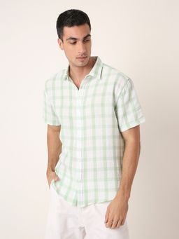 BLNK - Green Men Linen Blend Check Casual Green Shirt