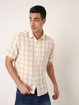 BLNK - Orange Linen Blend Check Casual Orange Shirt