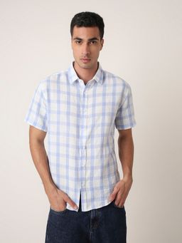 BLNK - Blue Men Linen Blend Check Casual Blue Shirt