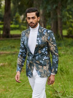 MR BUTTON - Men Green Floral Printed Single-Breasted Blazer