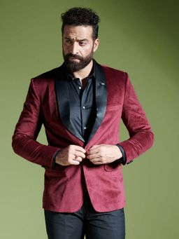 MR BUTTON - Men Wine Solid Tuxedo Blazer