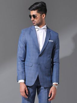 MR BUTTON - Men Blue Checks Single-Breasted Blazer
