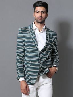 MR BUTTON - Men Green Stripes Single-Breasted Blazer