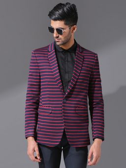 MR BUTTON - Men Navy Blue Stripes Single-Breasted Blazer