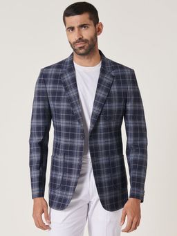MR BUTTON - Men Blue Checks Single-Breasted Blazer