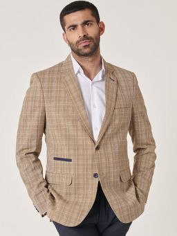 MR BUTTON - Men Brown Checks Single-Breasted Blazer