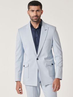 MR BUTTON - Men Blue Solid Single-Breasted Blazer