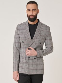 MR BUTTON - Men Grey Checks Double-Breasted Blazer