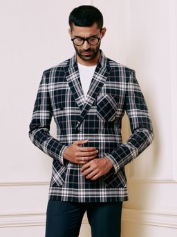 MR BUTTON - Men Blue Checks Double-Breasted Blazer