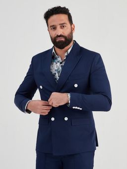 MR BUTTON - Men Navy Blue Solid Double-Breasted Blazer