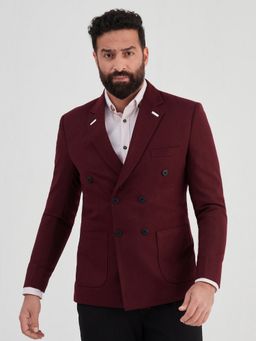 MR BUTTON - Men Wine Solid Double-Breasted Blazer