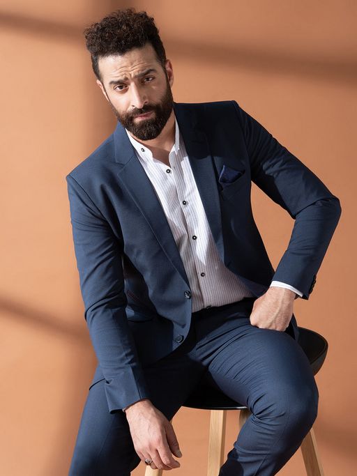 MR BUTTON Men Blue Solid Single-Breasted Blazer