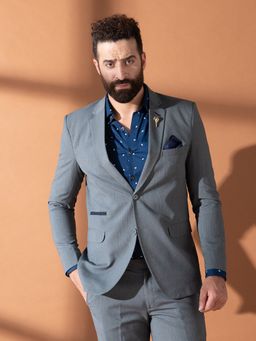 MR BUTTON - Men Grey Solid Single-Breasted Blazer