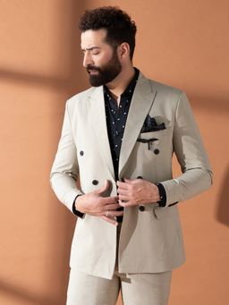 MR BUTTON - Men Beige Solid Double-Breasted Blazer