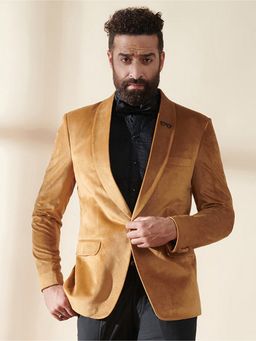MR BUTTON - Men Mustard Solid Single-Breasted Blazer