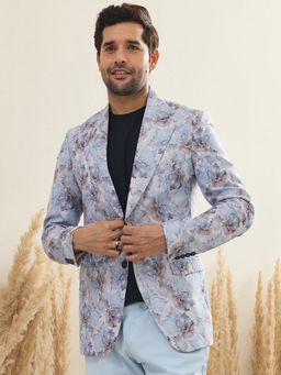 MR BUTTON - Men Blue Printed Single-Breasted Blazer