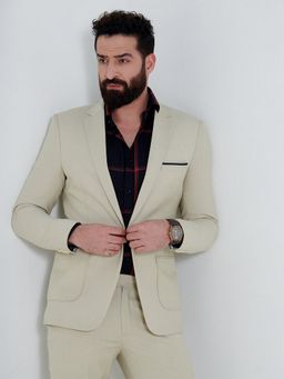MR BUTTON - Men Beige Solid Single-Breasted Blazer