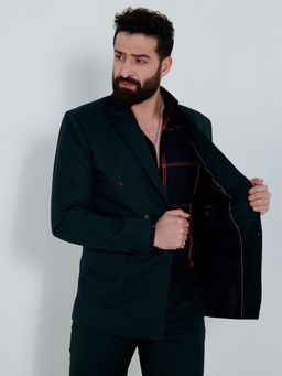 MR BUTTON - Men Green Solid Double-Breasted Blazer