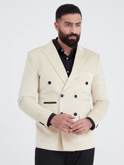 MR BUTTON - Men Beige Solid Double-Breasted Blazer
