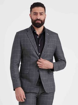 MR BUTTON - Men Grey Checks Single-Breasted Blazer