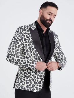 MR BUTTON - Men Beige Printed Tuxedo Blazer
