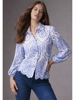 Lounge Dreams - White & Blue Schiffli Embroidered Pure Cotton Shirt