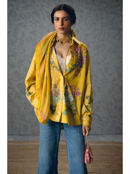 Paulmi & Harsh - Women Yellow Embroidered Floral Collar Jade Shirt