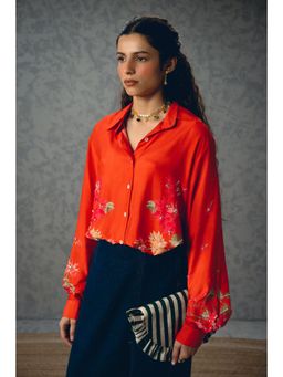 Paulmi & Harsh - Women Orange Printed Embroidered Collar Jade Shirt