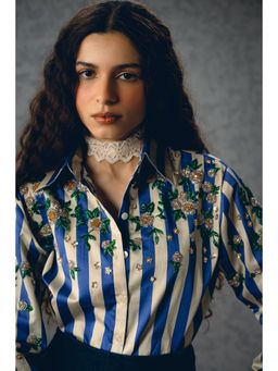 Paulmi & Harsh - Women Blue Striped Embroidered Collar Jade Shirt