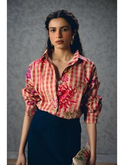 Paulmi & Harsh - Women Pink Floral Checks Collar Jade Shirt