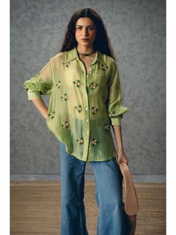 Paulmi & Harsh - Women Green Embroidered Floral Collar Romy Shirt