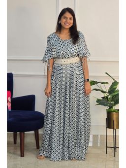 Pink Tree - Women'S Crepe Blue Floral Dress with Belt
