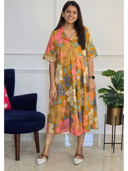 Pink Tree - Women'S Pure Cotton Mustard Half Sleeves Dress