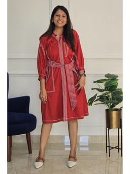Pink Tree - Women'S Cotton Red Dress with Belt