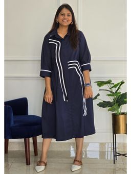 Pink Tree - Women'S Cotton Navy Blue Stripe Pleated Dress