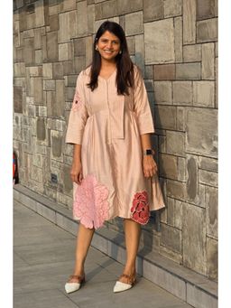 Pink Tree - Women'S Pure Cotton Peach Flower Applique Dress