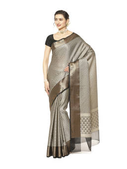 Banarasi Silk Works - Black & Silver Resham Zari Pattu Border Art Saree with Unstitched Blouse