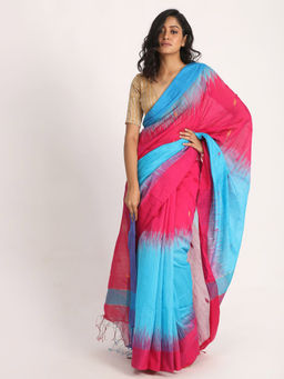 Angoshobha - Fuchsia & Blue Cotton Blended Handloom Jamdani Saree with Unstitched Blouse