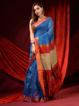 CHARUKRITI - Cobalt Blue Cotton Silk Zari Borders and Gheecha Pallu Saree with Unstitched Blouse