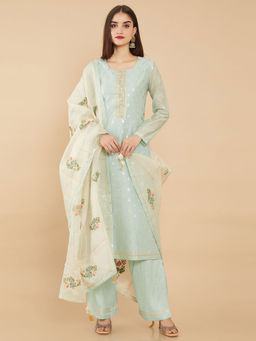 Soch - Teal Chanderi Unstitched Dress Material ( Set of 3 )