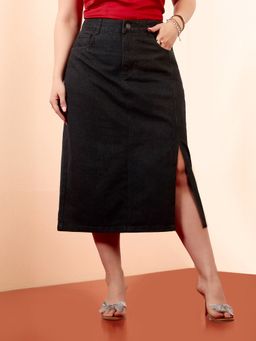 Miss Chase - A+ Curve Collection Plus Size Women's Black Straight-Fit Denim Midi Skirt