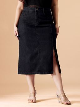 Miss Chase - A+ Curve Collection Plus Size Women's Black Straight-Fit Denim Midi Skirt