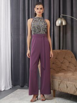Miss Chase - Women's Lavender High Neck Sleeveless Embellished Jumpsuit